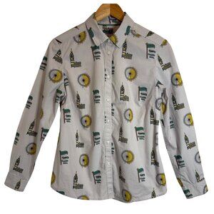 Boden London Print Button Down Shirt US 6 Cotton Taupe Long Sleeve Whimsical
